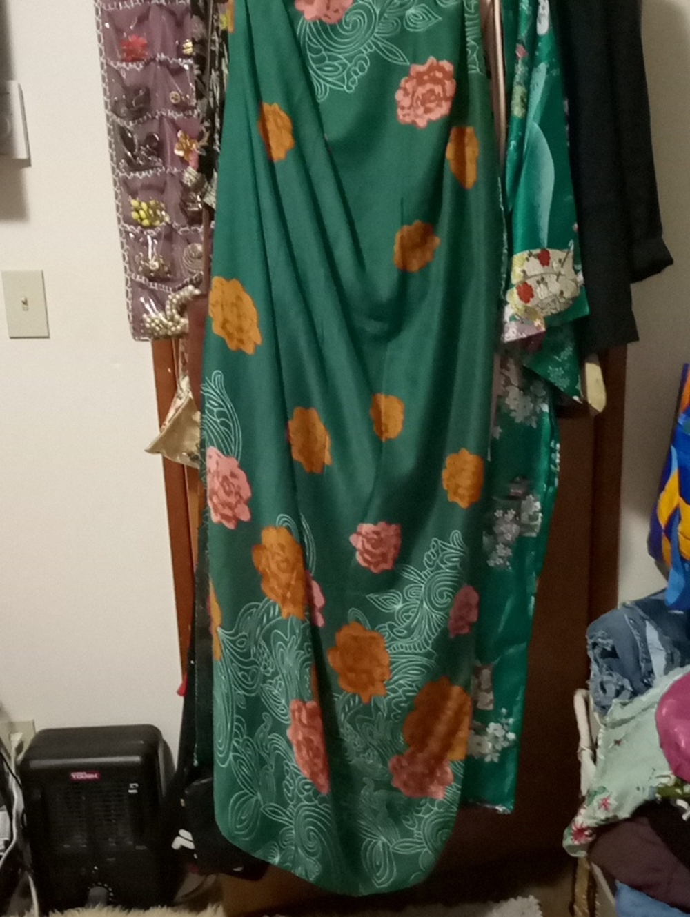 Green Floral Cover Up, Sarong, Scarf with Pink and Mustard Blooms. Cotton.